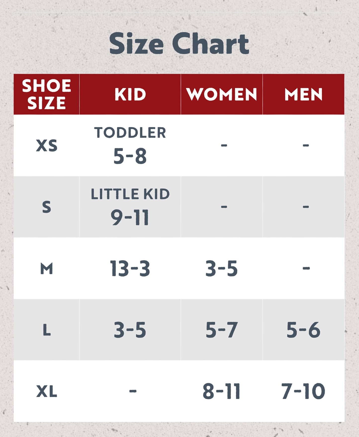 Size chart for shoes with dimensions labeled for kids, women, and men.