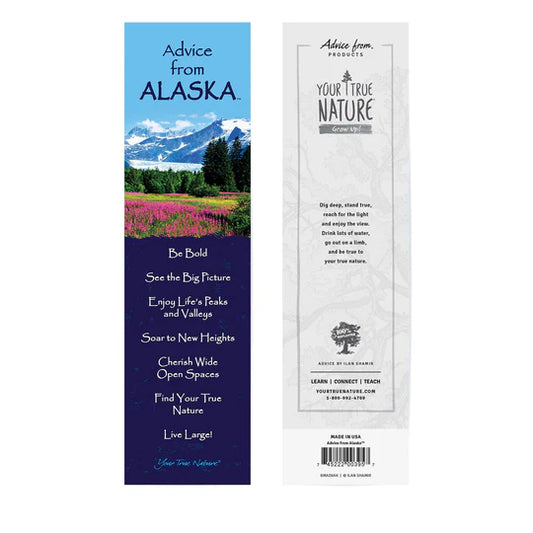 Two bookmarks of 'Advice from Alaska' with scenic and text design.