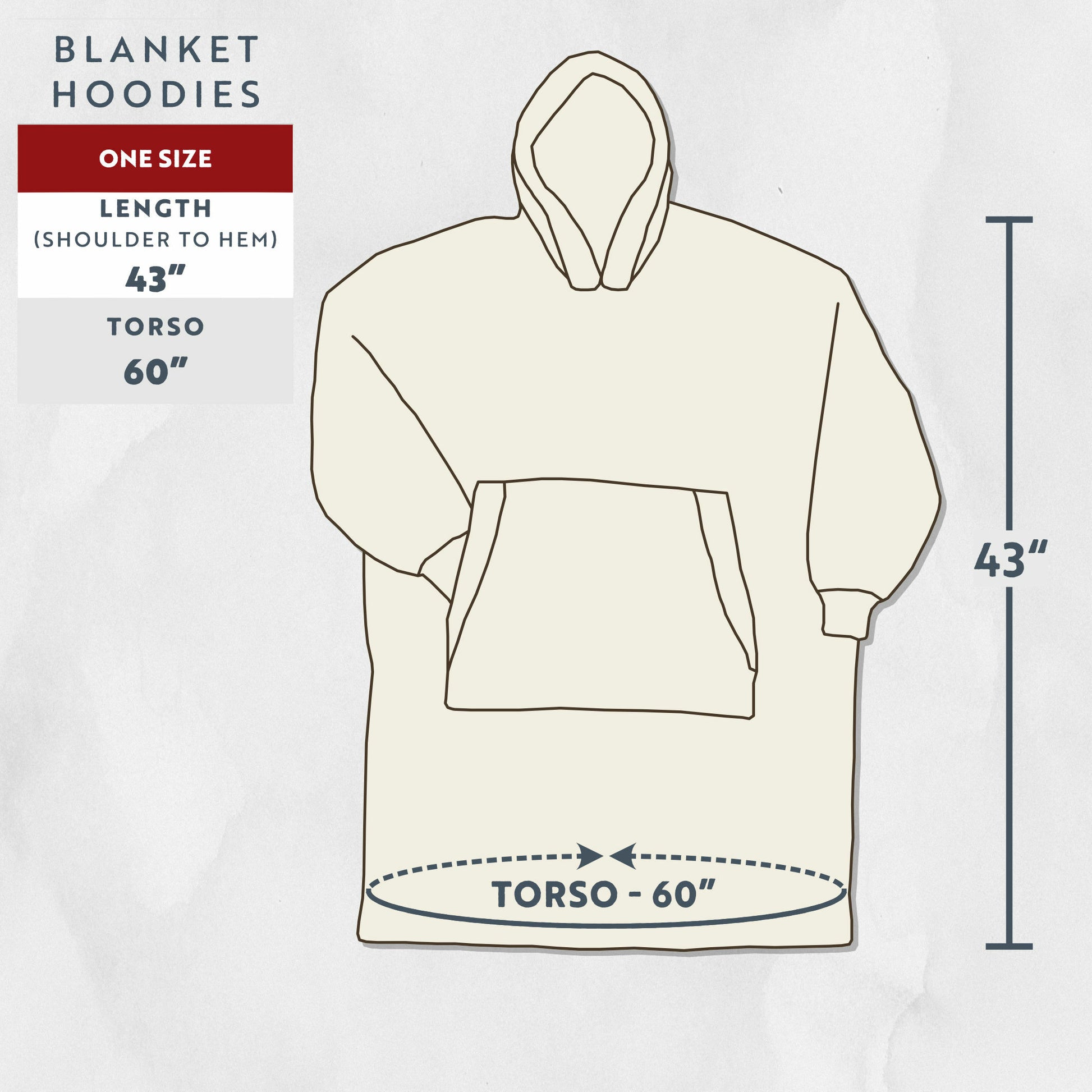 Measurement chart for a blanket hoodie showing length and torso dimensions.