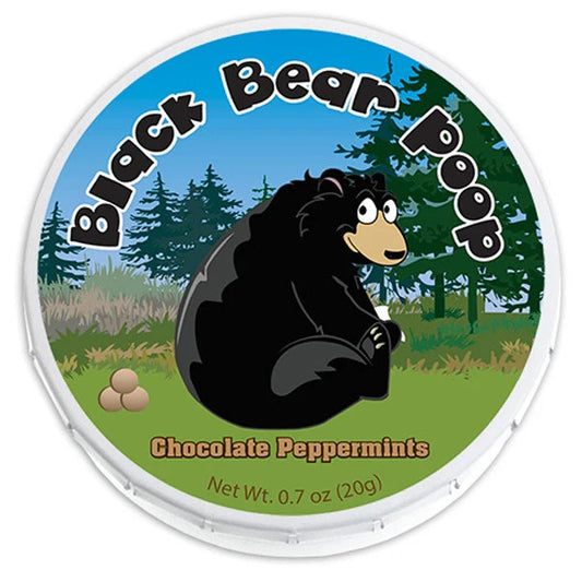 Container of Black Bear Poop chocolate peppermints with a bear illustration 