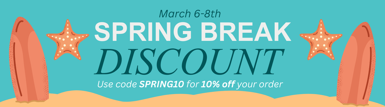 Spring Break discount banner with beach elements and SPRING10 discount code
