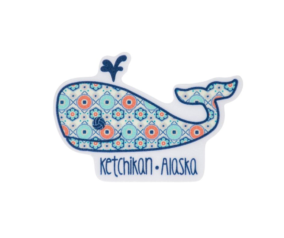Decorative whale-shaped sticker with a pattern and 'Ketchikan, Alaska' text 
