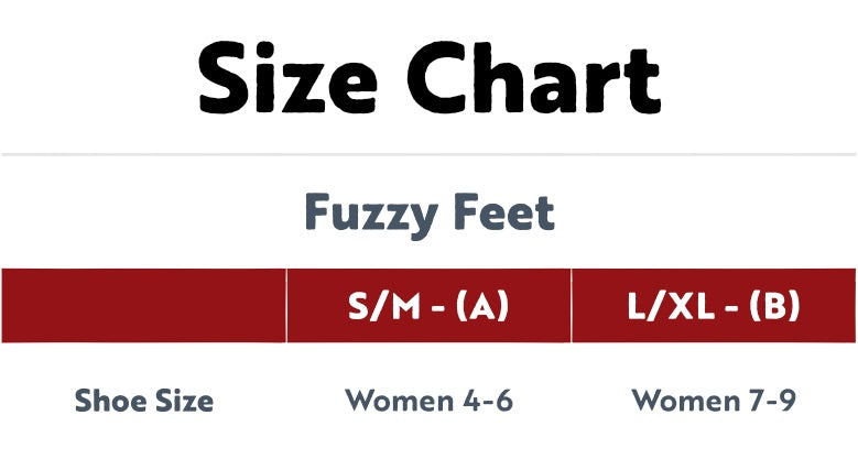 Size chart for 'Fuzzy Feet' with shoe size categories and corresponding women's shoe sizes.