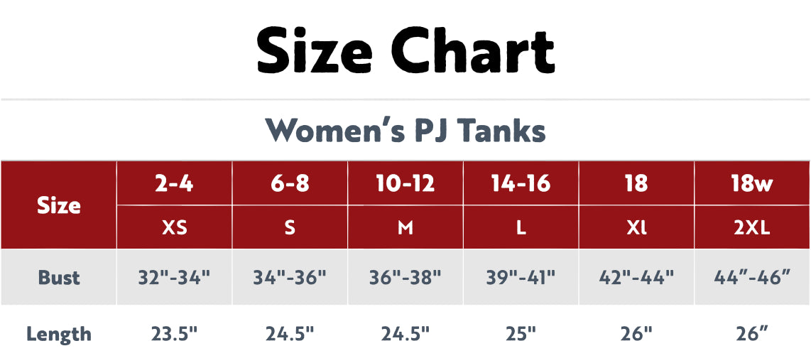 Women's PJ Tanks Size Chart
