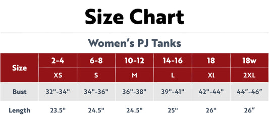 Women's PJ Tanks Size Chart