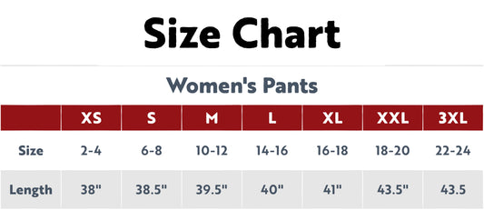 Size chart for women's pants with measurements and clothing sizes.