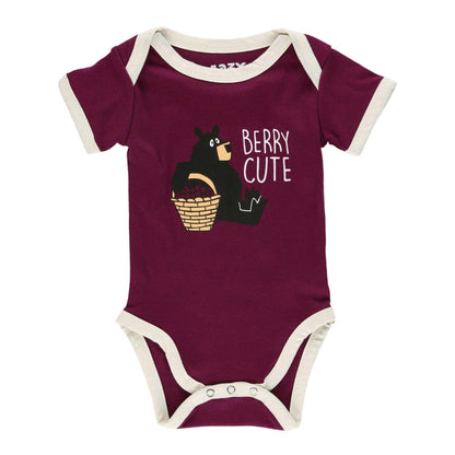 Maroon baby onesie with bear graphic and 'Berry Cute' text 
