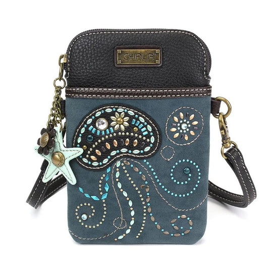 Blue crossbody phone bag with jellyfish design and star charm on a white background