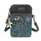 Blue crossbody phone bag with jellyfish design and star charm on a white background