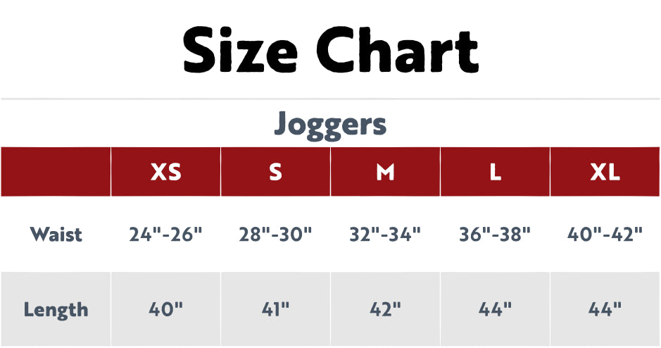 Size chart for joggers with waist and length measurements.