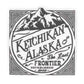 Black text of Ketchikan, Alaska with mountain illustrations sticker