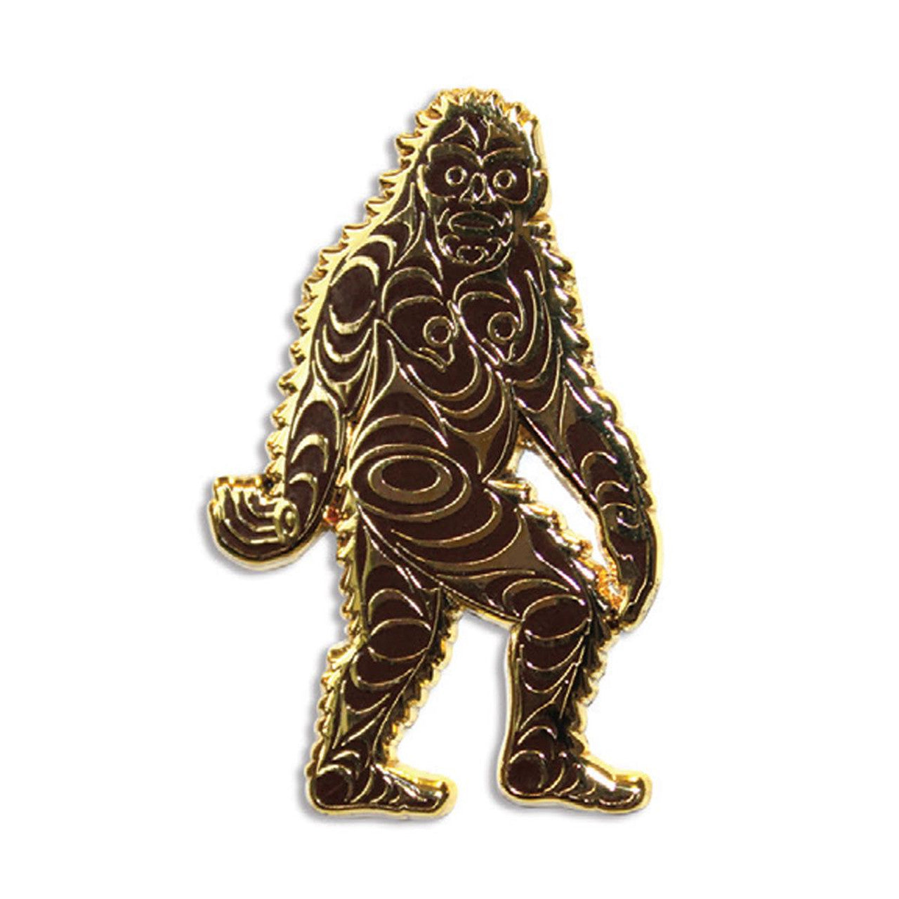 Gold detailed sasquatch pin on a white background