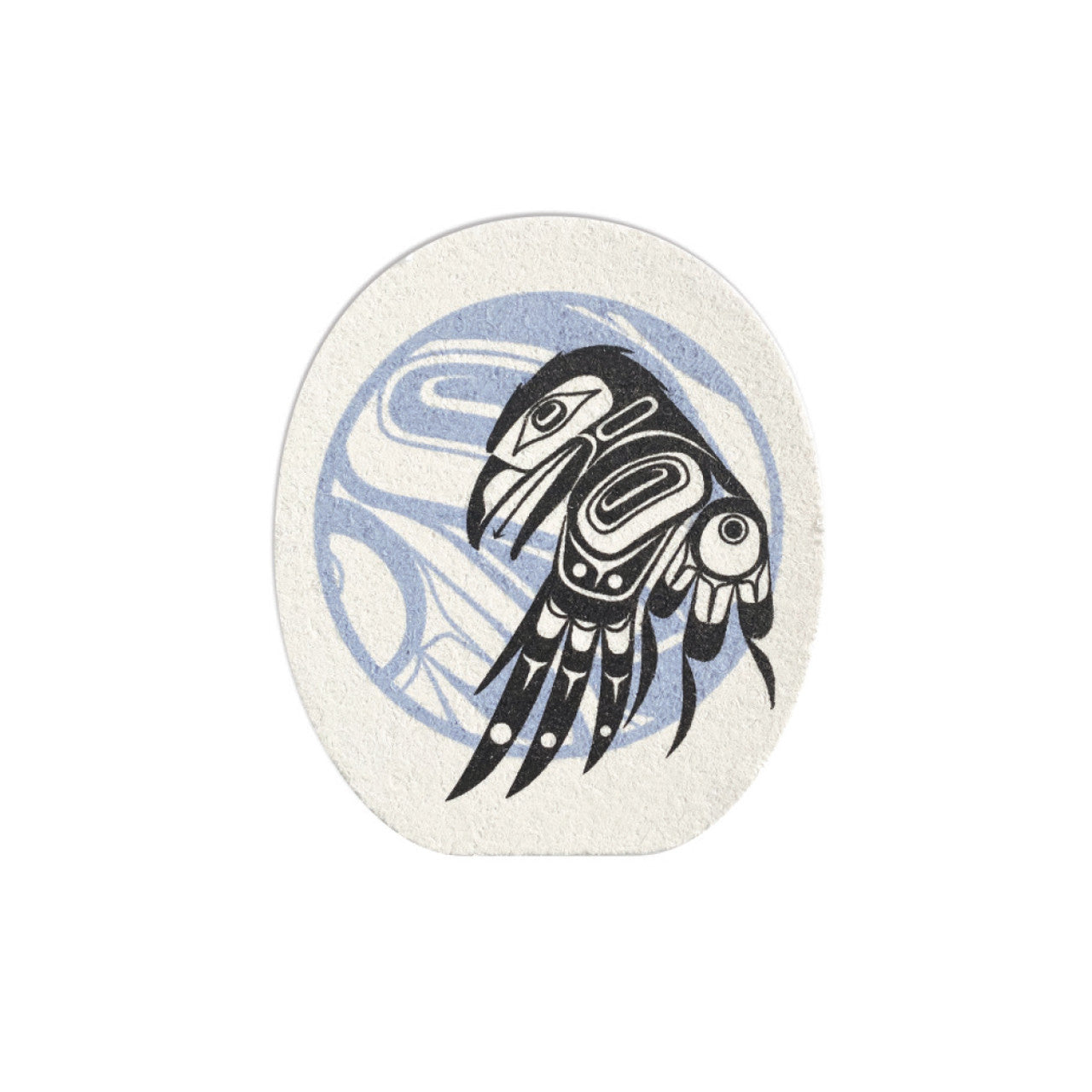 Eco-sponge with a formline art of a raven and a moon on it