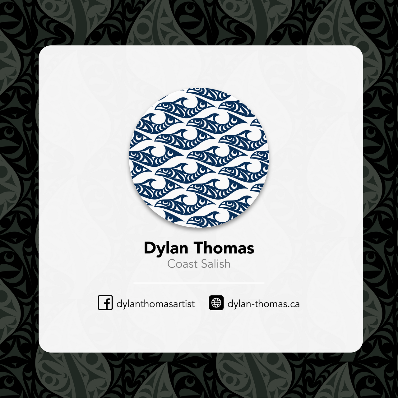 Business card with a blue and white pattern, name 'Dylan Thomas', and contact information