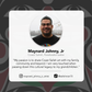 Profile card of Maynard Johnny, Jr. with a quote and social media handles on a dark background with indigenous design elements.