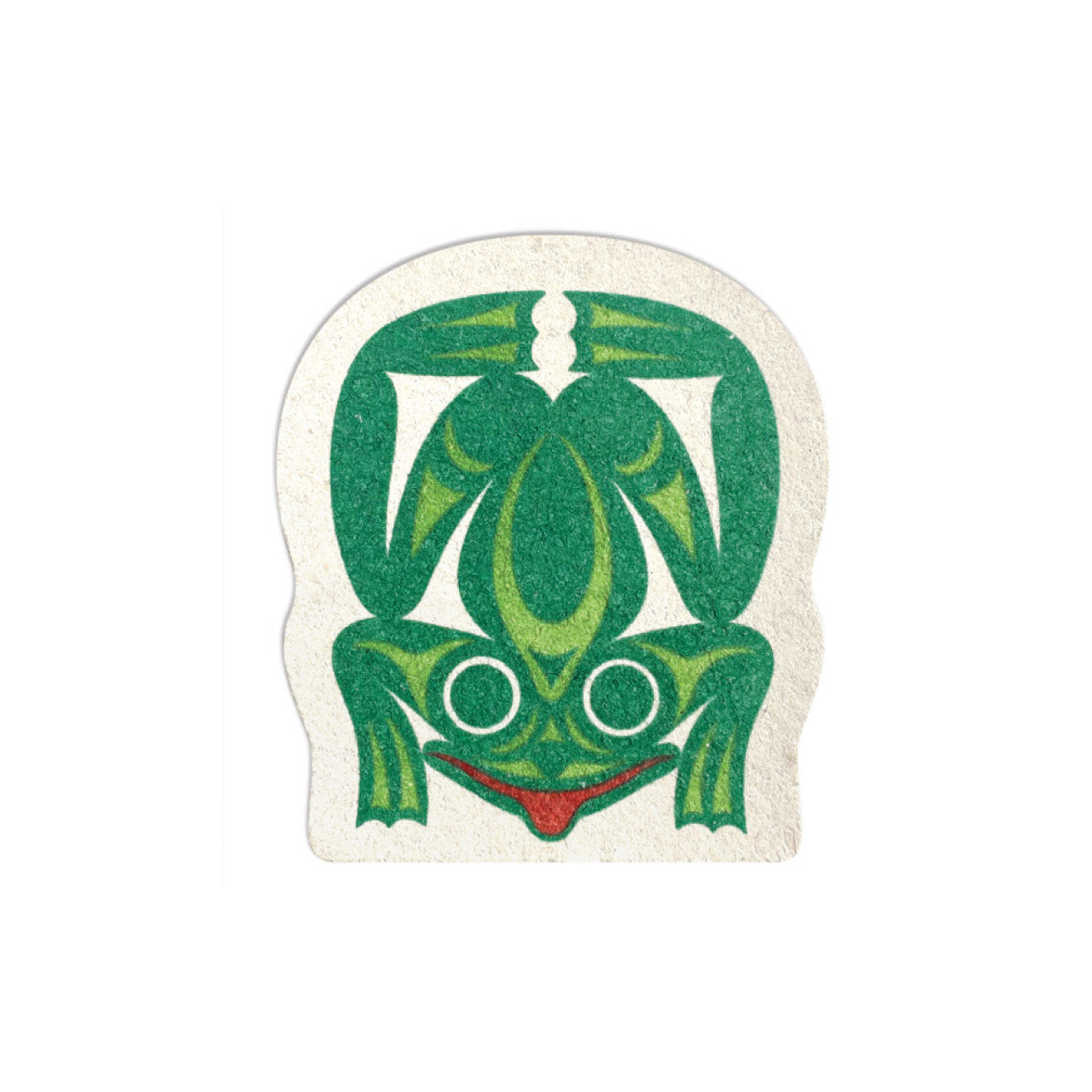 Eco sponge with a green frog design on a white background