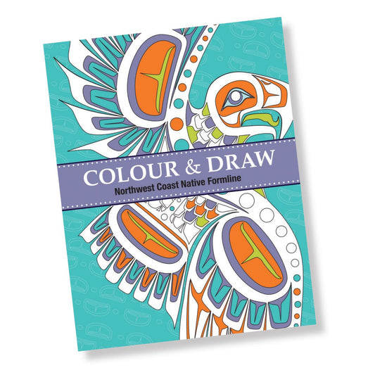 Coloring book titled 'Colour & Draw' with Northwest Coast Native designs on a white background