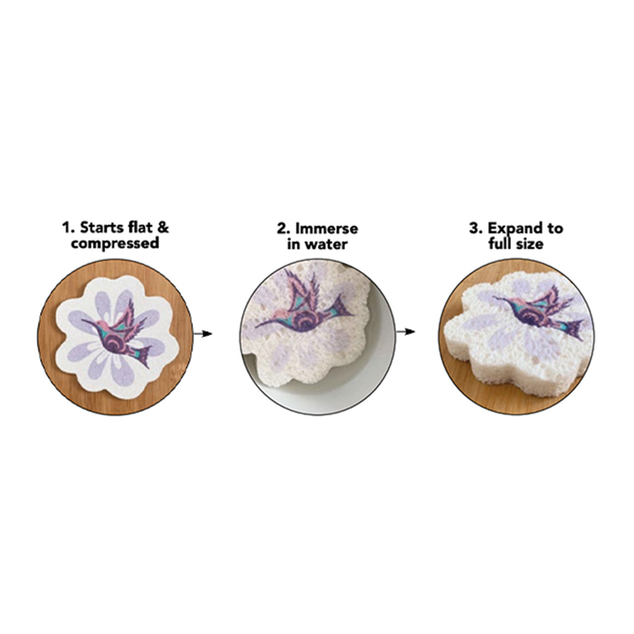 Step-by-step process of a flower-shaped eco sponge starting flat and compressed, then immersed in water and expanding to full size.
