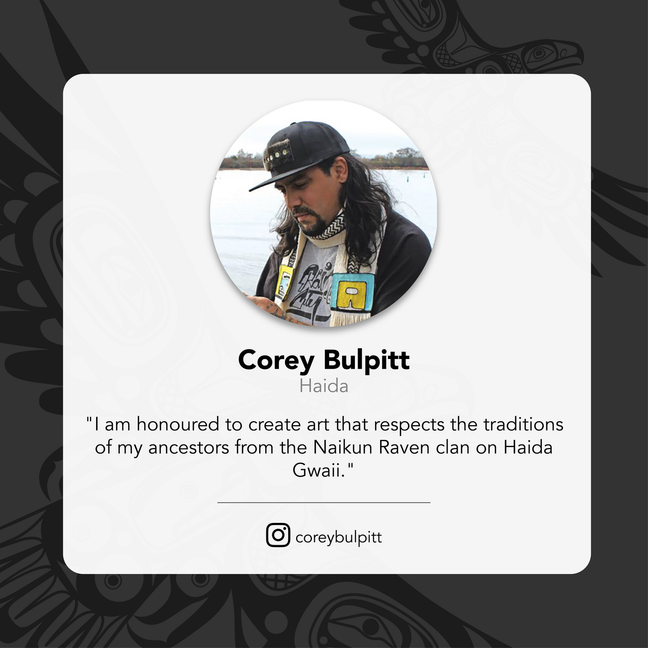 Profile card of Corey Bulpitt with a photo, name, and quote on a dark background