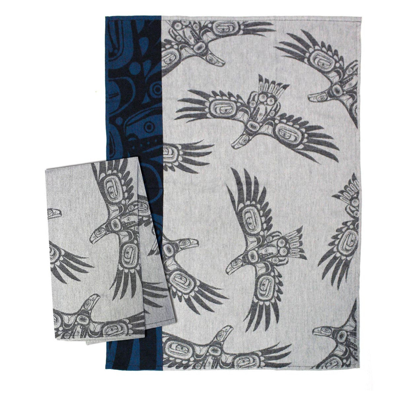 Set of tea towels with tribal eagle design on a white background