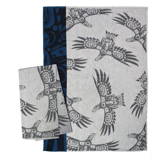 Set of tea towels with tribal eagle design on a white background