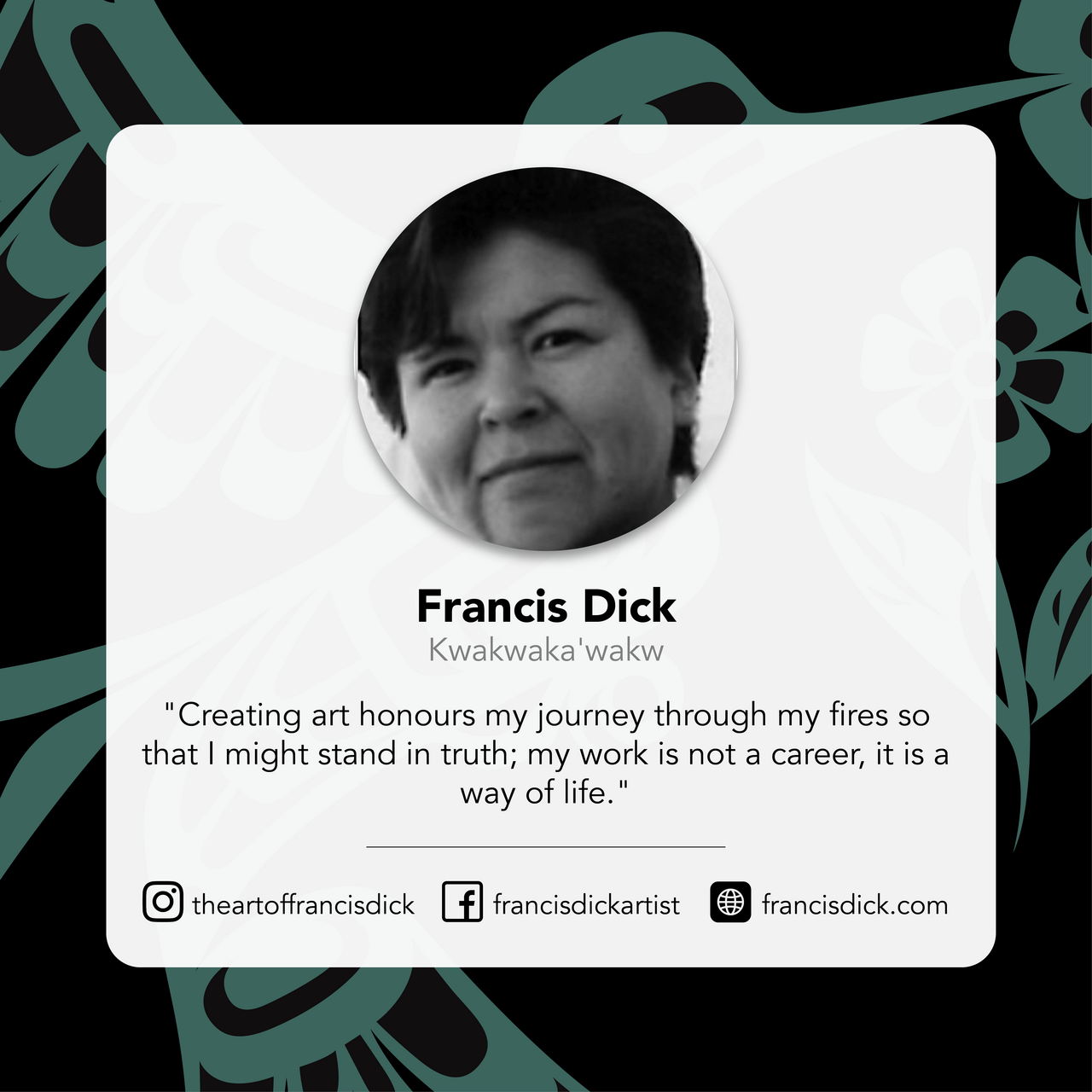 Profile card of Francis Dick with a quote and contact information on a decorative background