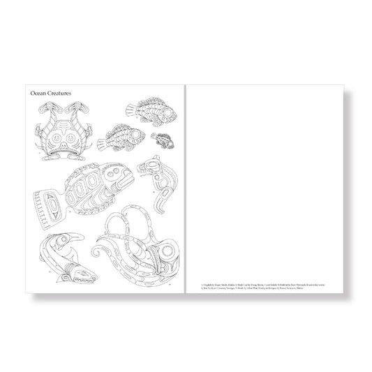 Sheet of ocean creature coloring pages on a white background