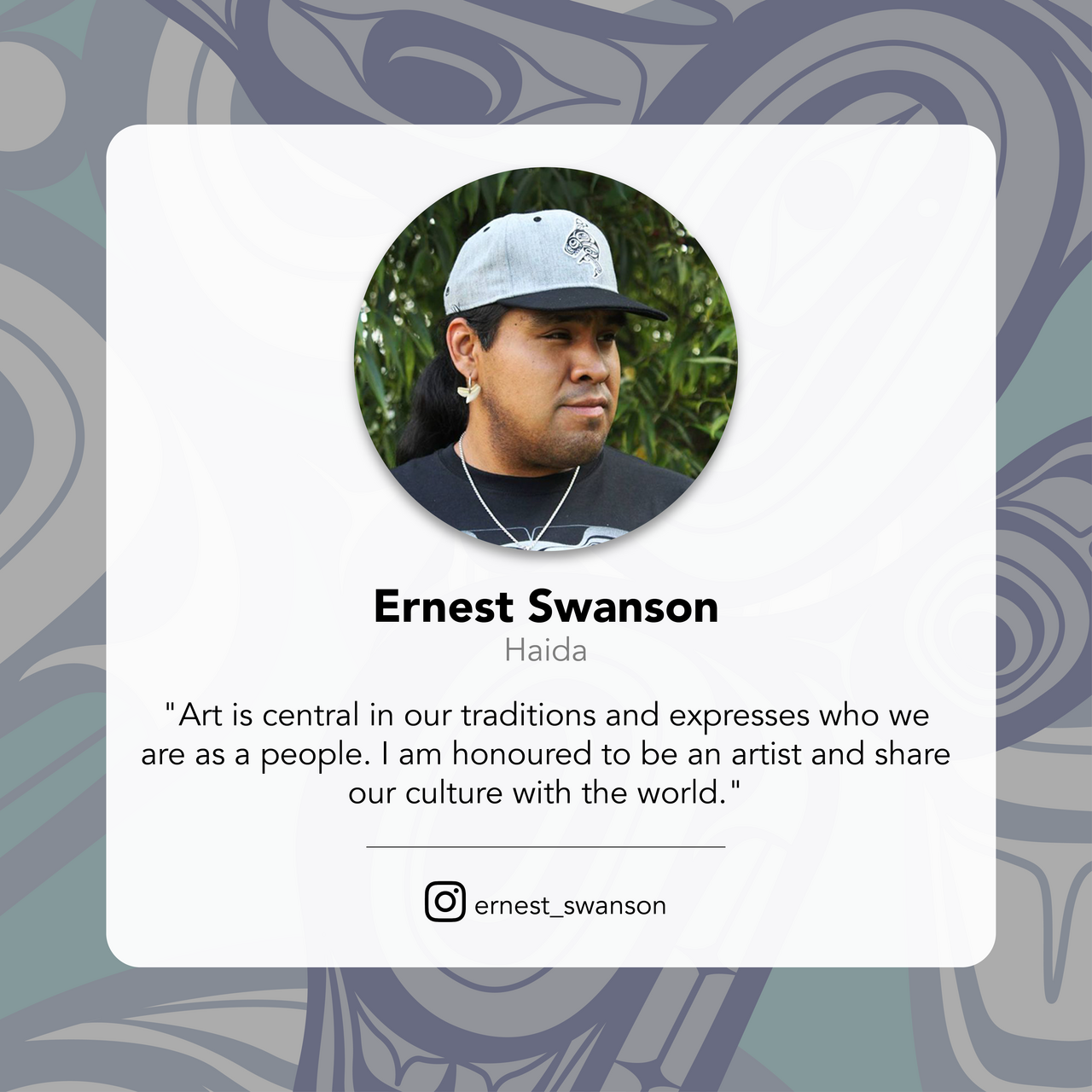 Profile card of Ernest Swanson with a quote and an Instagram handle on a decorative background