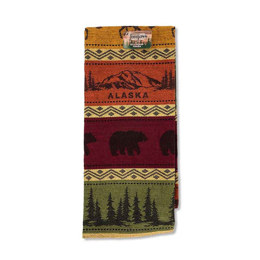 Kitchen towel with Alaska design featuring bears, trees, and mountains 