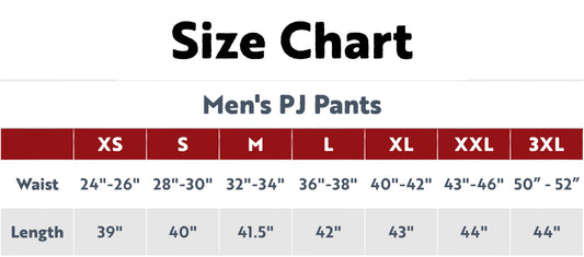 Size chart for men's PJ pants with waist and length measurements.