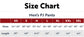 Size chart for men's PJ pants with waist and length measurements.
