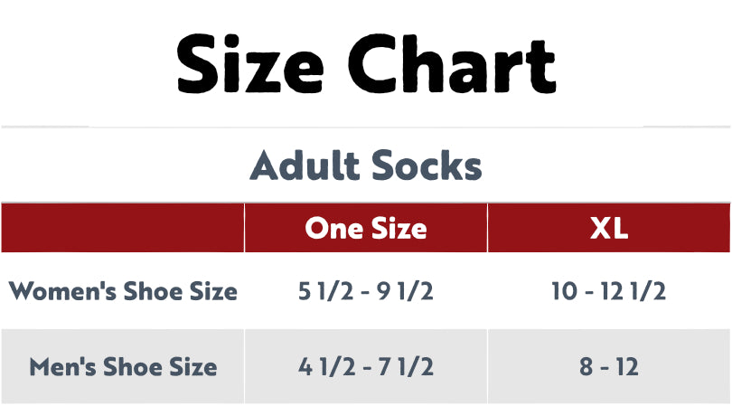 Size chart for adult socks with shoe size conversions.