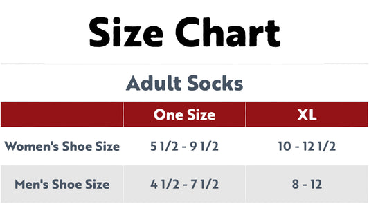 Size chart for adult socks with shoe size conversions.