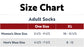 Size chart for adult socks with shoe size conversions.