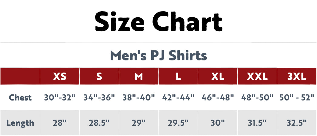 Size chart for men's PJ shirts with chest and length measurements.