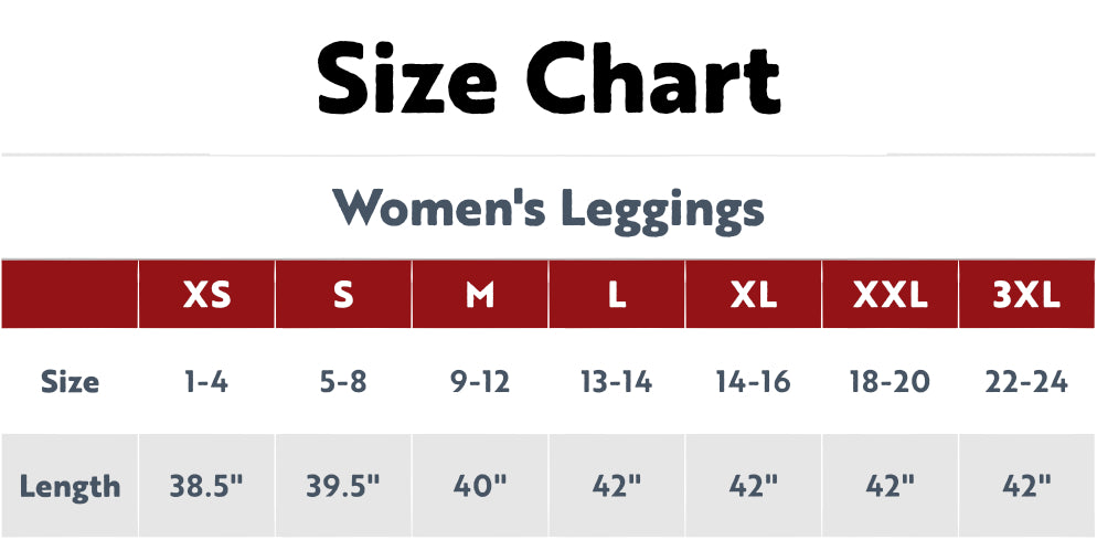 Size chart for women's leggings with size labels and corresponding measurements.