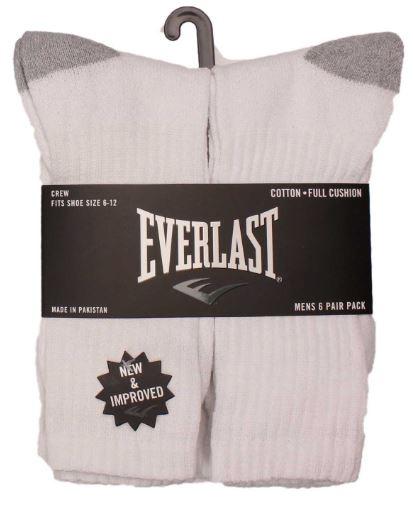  Everlast Socks : Crew - White W/Grey Heel (6pk)