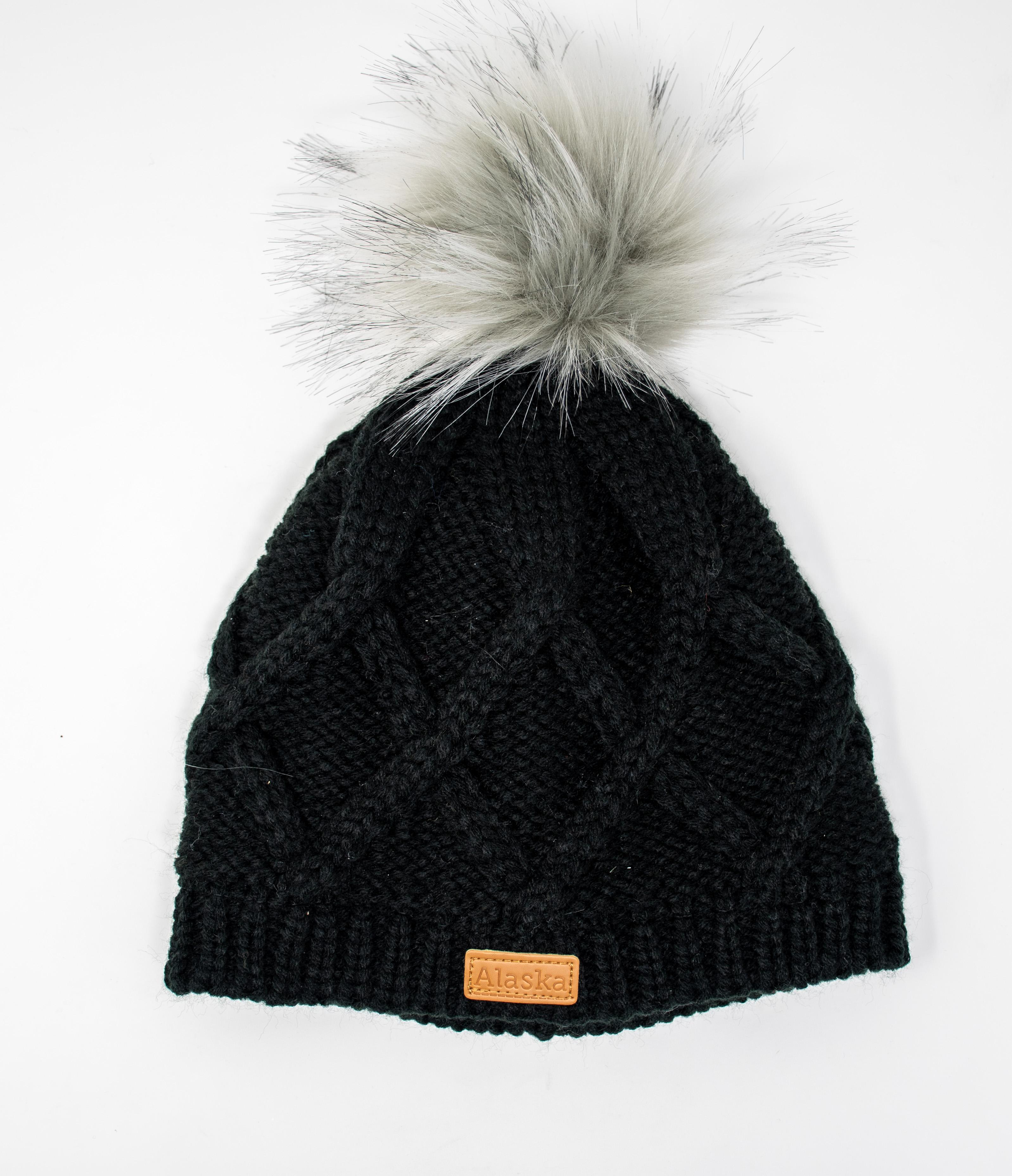  Knit Hat- Black W/Grey Pom