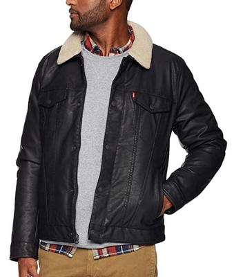 Levi`s Faux Leather Sherpa Lined Trucker Jacket - Brown