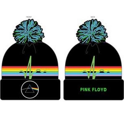 Knit Cuff Beanie W/ Pom - Pink Floyd Blk Jacquard Stripe Patch