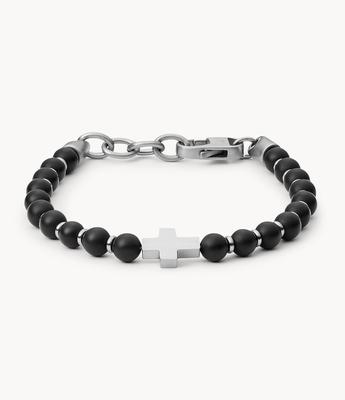 Men`s Black Agate & Stainless Steel Beaded Bracelet