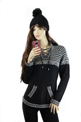 W`s Hooded P/o Sweater - Blk/cream
